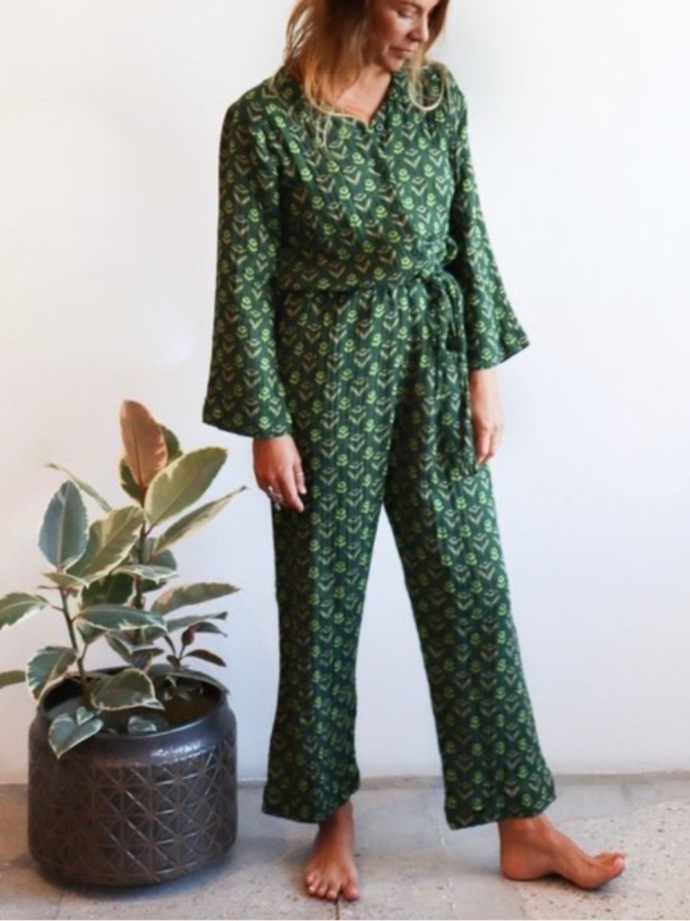 Ace & Jig Jumpsuit Jacob Belted Soft Cotton Gauze in Fern Green Floral